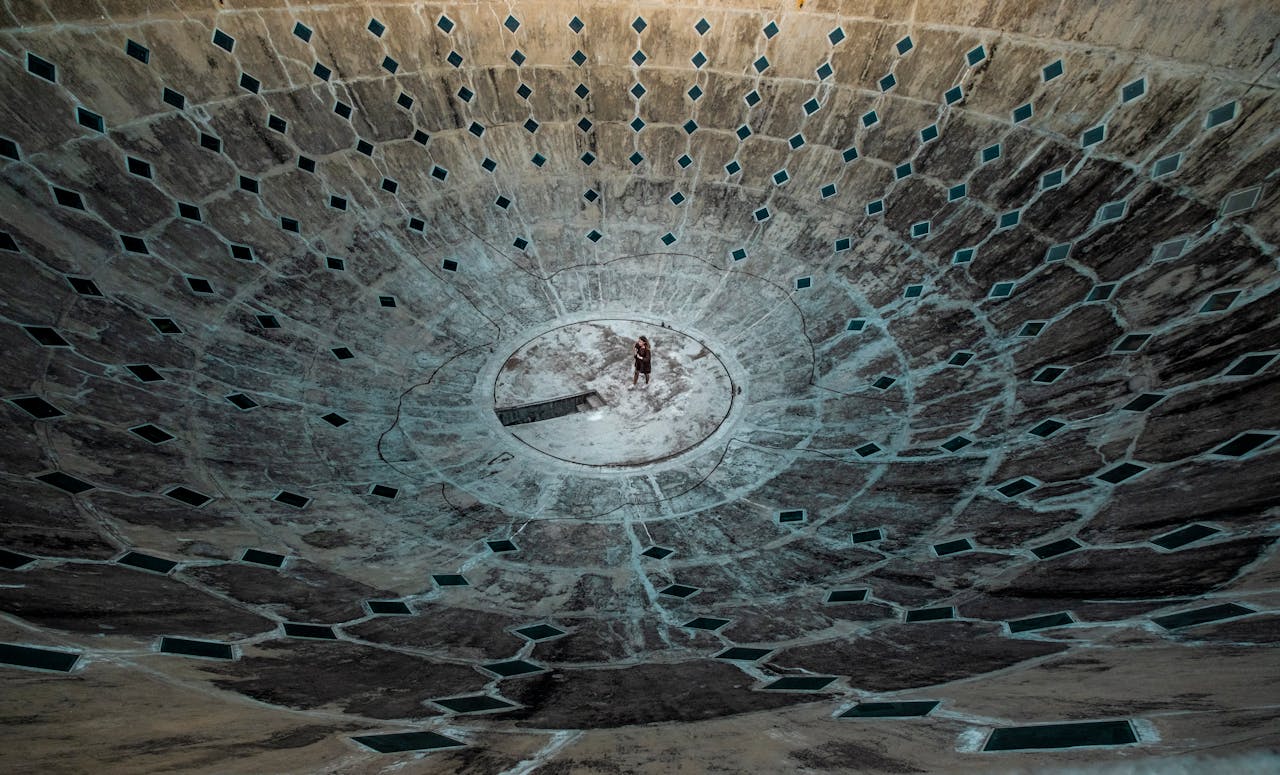 Intricate geometric concrete dome with circular patterns in Costa Careyes, Mexico.